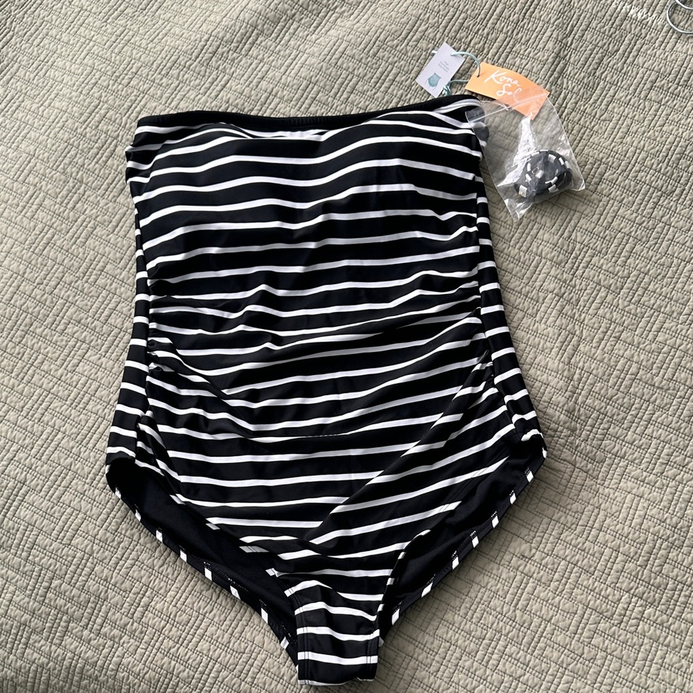 Kona Sol Black and White Striped Strapless Swimsuit